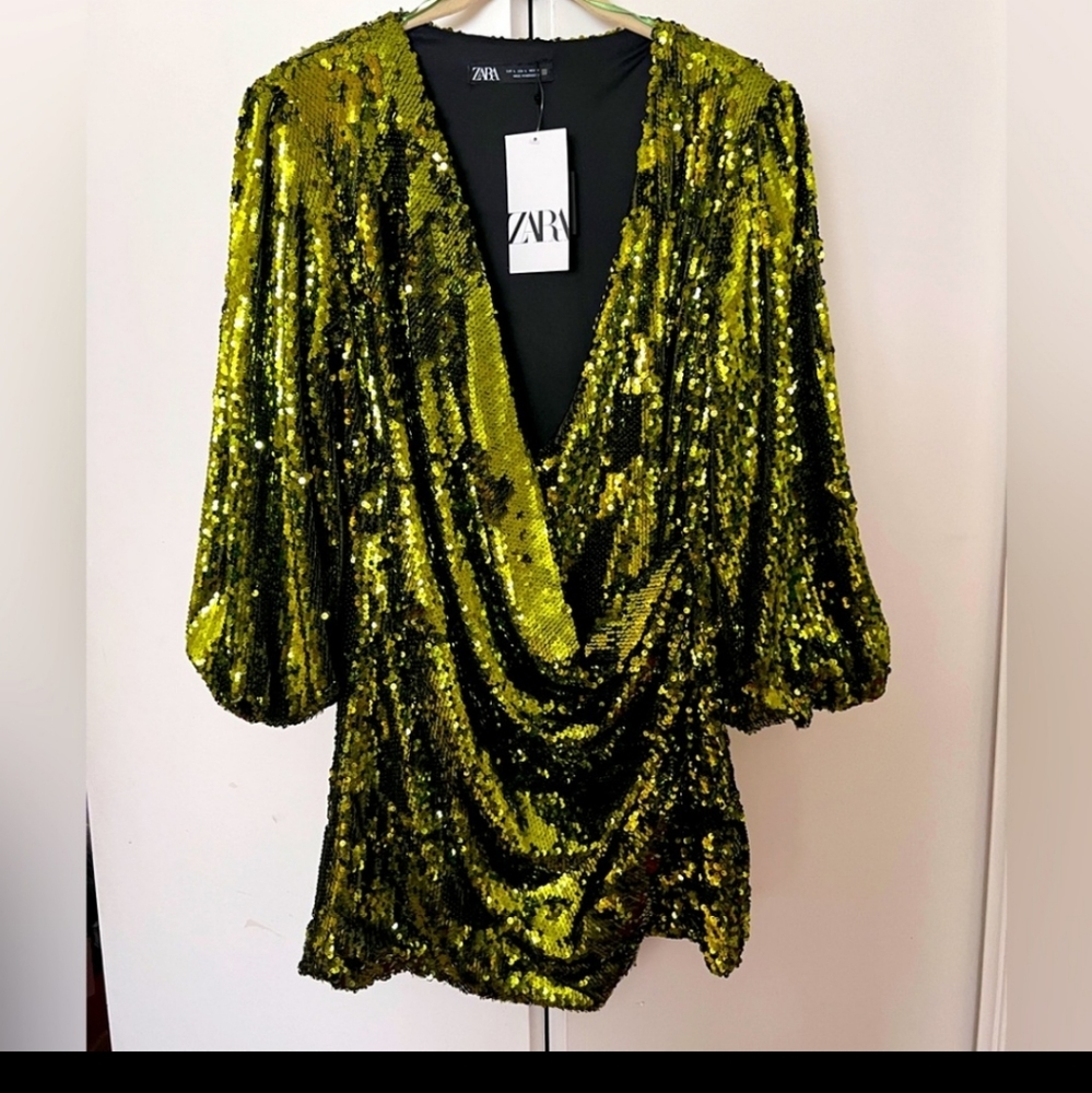 Zara chartreuse sequin mini dress